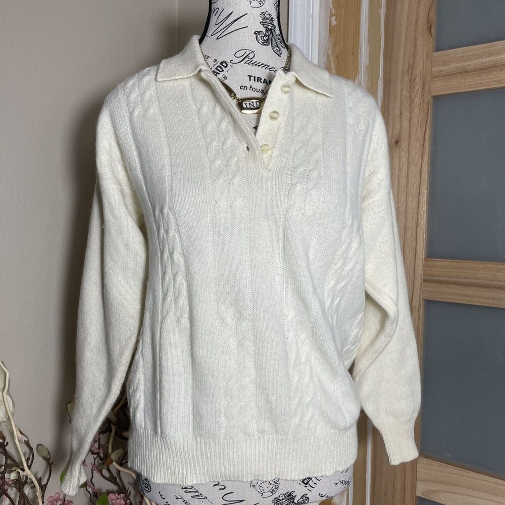 EDINBURGH Lambswool Collared Pullover Sweater Button Neck Cable Knit Women's 38